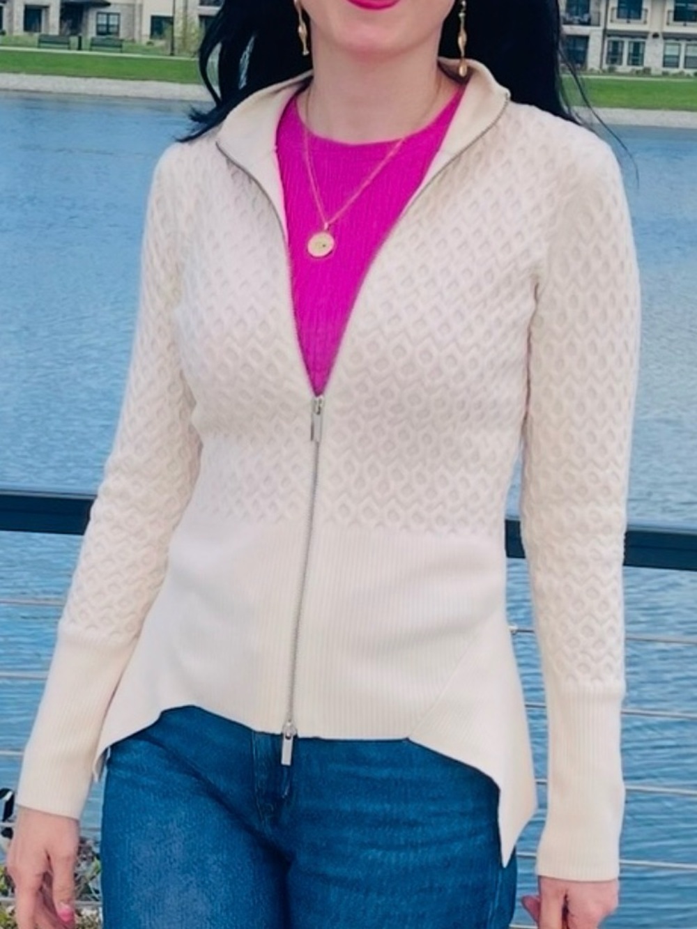 Karen Millen Cream Wool Zip-Front Cardigan - Picture 11 of 11